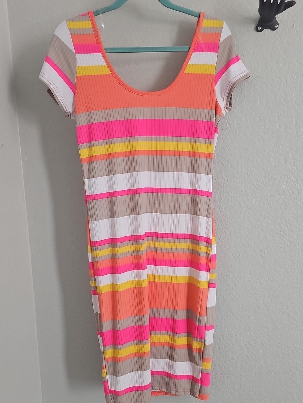 Striped Ribbed Midi Dress in Coral, Pink & Neutral